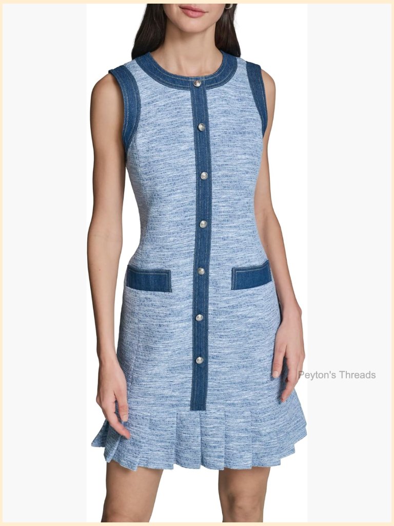 Sleeveless Crew Neck Denim Tweed Mini Dress With Button Front